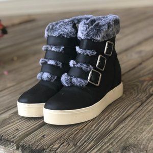 Spat Faux Fur Wedge Bootie Black Leather, Size 6